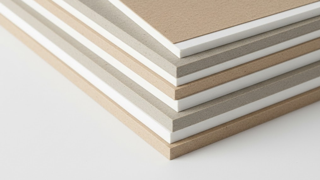 Stack of premium box board sheets for packaging and printing applications.
